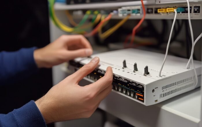 Technician Configuring Network Equipment