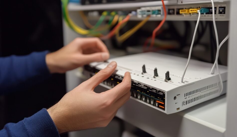 Technician Configuring Network Equipment